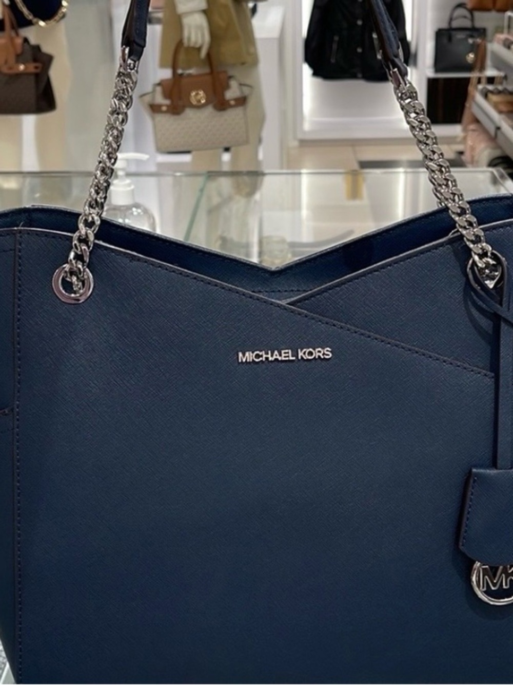Michael Kors Navy Saffiano Chain-Handle Tote